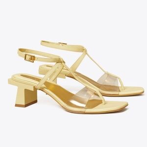 Tori Burch 6.5 block T heel Strappy Sandals neutral yellow cream
